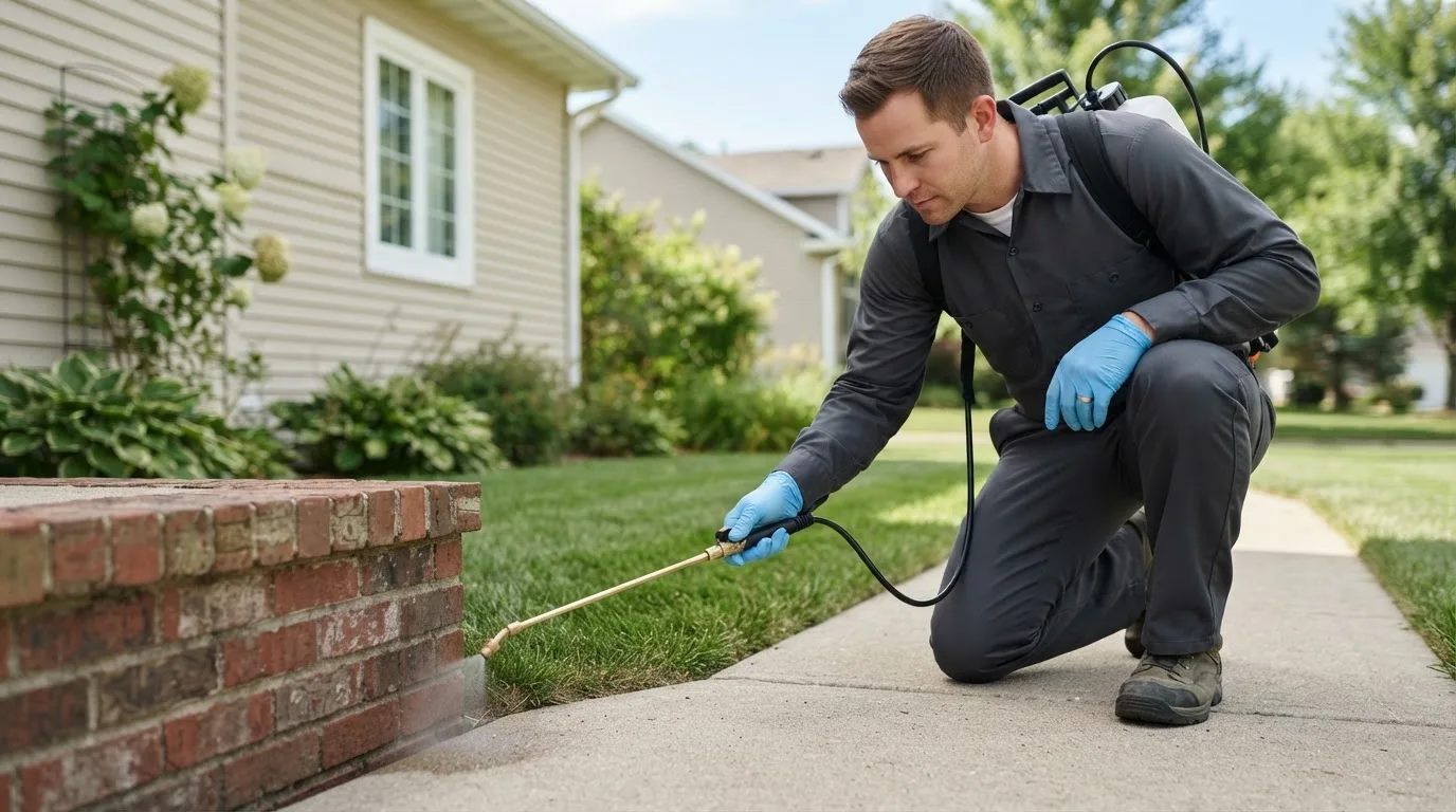 Pest control technician treating a home near Greenhurst, NY