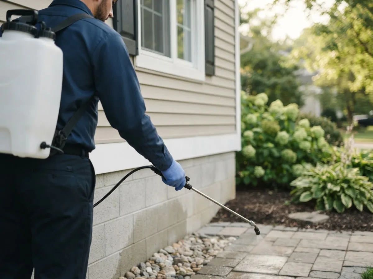 Pest control technician inspecting a home in Greenhurst, NY